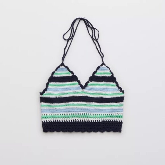 New Aerie Crochet Knit Textured Halter Cropped Bra Top Navy - Picture 5 of 8